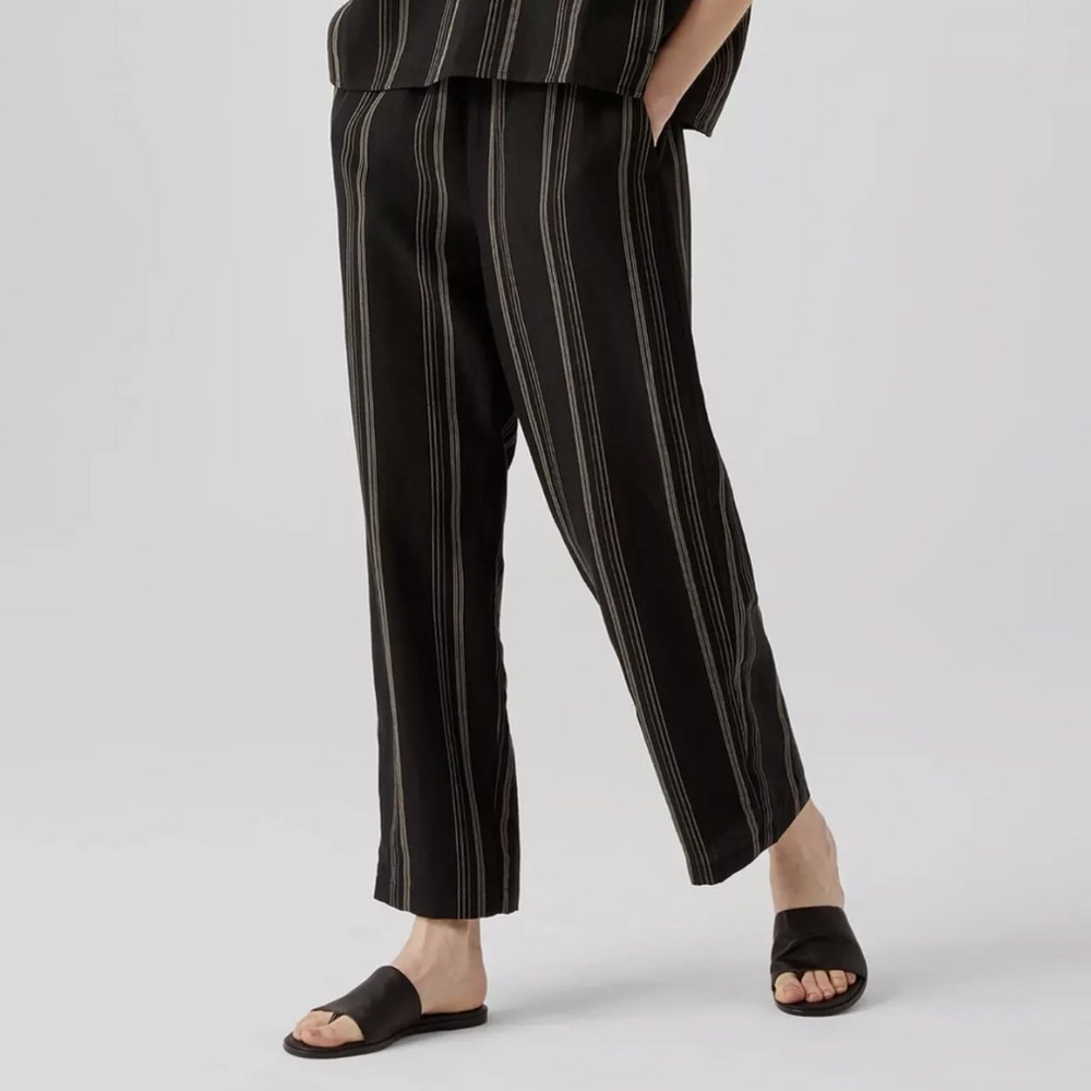 Eileen Fisher Organic Linen Blend Striped Straight Pant Black Size Medium
